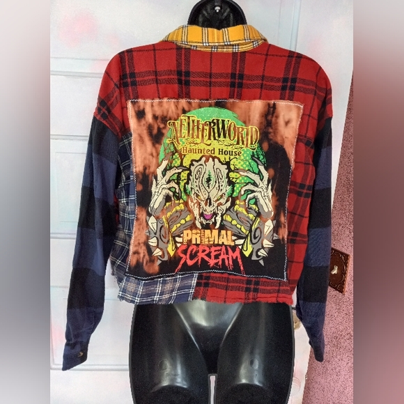 Hot Topic Tops - Customized Horror flannel- haunted house skull colorful OOAK RAGE wear!